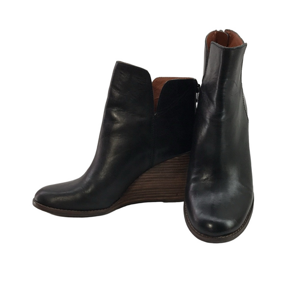LUCKY BRAND Yolene Black Leather Ankle Booties w/3.5" Stacked Wedge Heel—Sz 9M - Picture 3 of 16